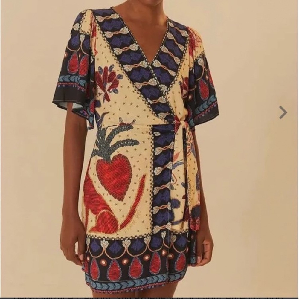 FARM RIO Tropical Shine Scarf Wrap Mini Dress Dog‎ Print Size Large
